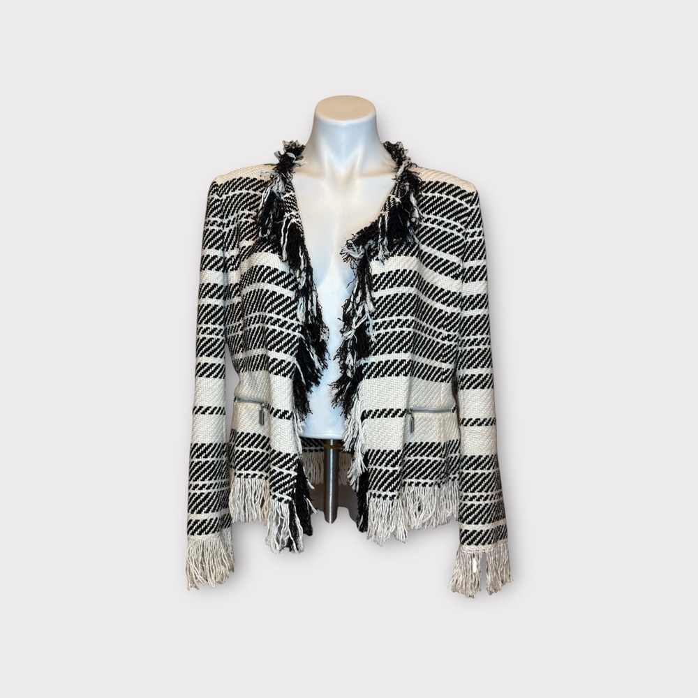 W By Worth Striped Woven Brown & White Fringe Open Front Jacket